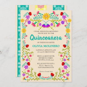 Mexican Fiesta Floral Champagne Quinceanera Einladung