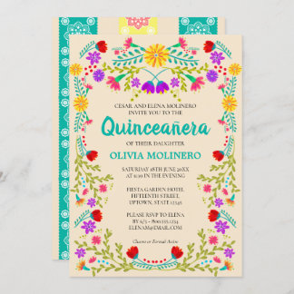 Mexican Fiesta Floral Champagne Quinceanera Einladung