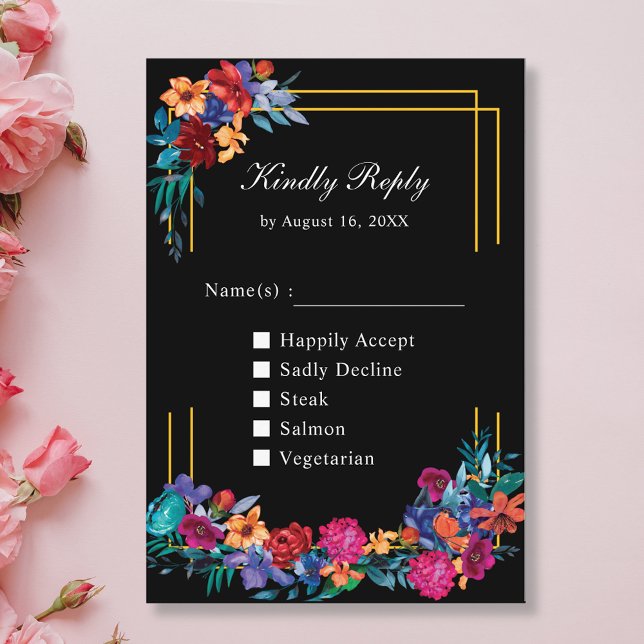 Mexican Fiesta Floral Wedding Black RSVP Card Begleitkarte (Von Creator hochgeladen)