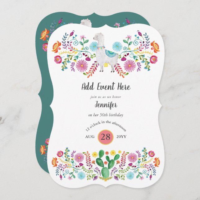 Mexican Fiesta Llama Folk Blume Cacti ANY EVENT Einladung (Vorne/Hinten)