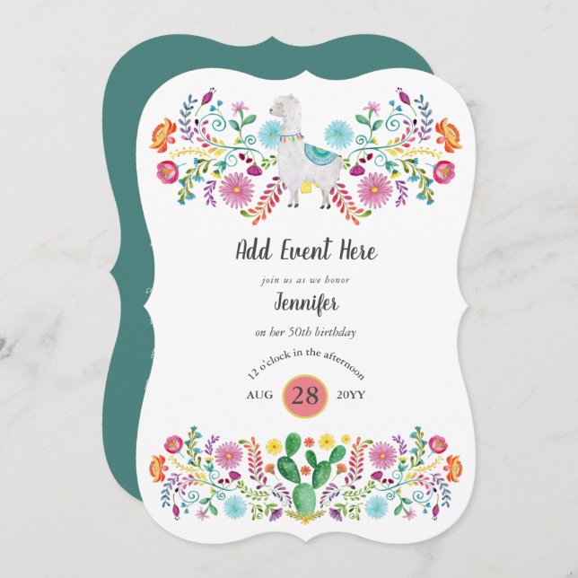 Mexican Fiesta Llama Folk Blume Cacti ANY EVENT Einladung (Vorne/Hinten)