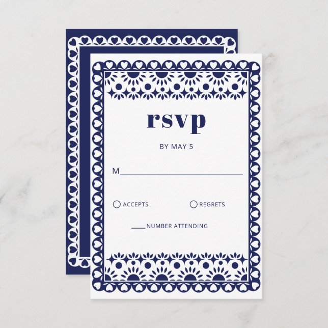 Mexican Fiesta Navy Papel Picado Boho Wedding RSVP Karte (Vorne/Hinten)