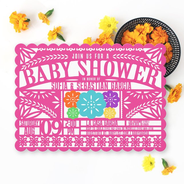 Mexican Fiesta Papel Picado Flag PINK Baby Dusche Einladung (Colorful bright fuchsia hot pink Papel Picado Flag Banner Mexican Fiesta baby girl shower invitation)