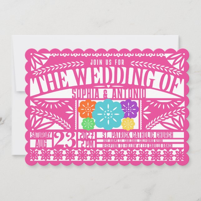 Mexican Fiesta Papel Picado Flag PINK Wedding Einladung (Vorderseite)