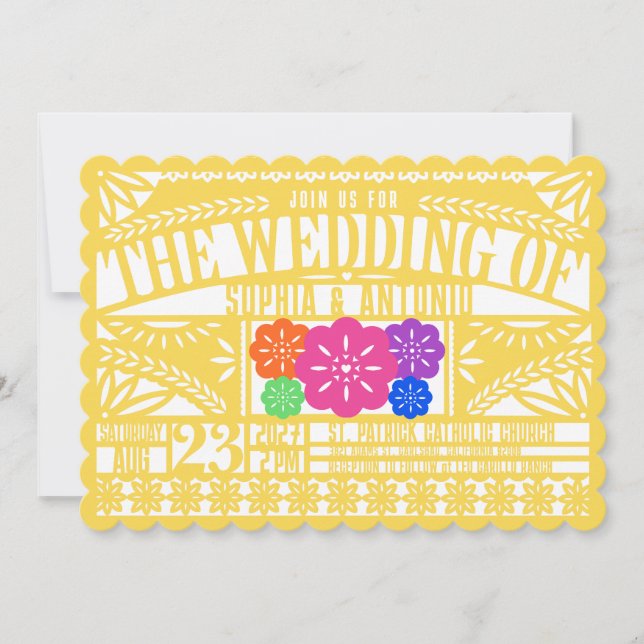 Mexican Fiesta Papel Picado Flag YELLOW Wedding Einladung (Vorderseite)