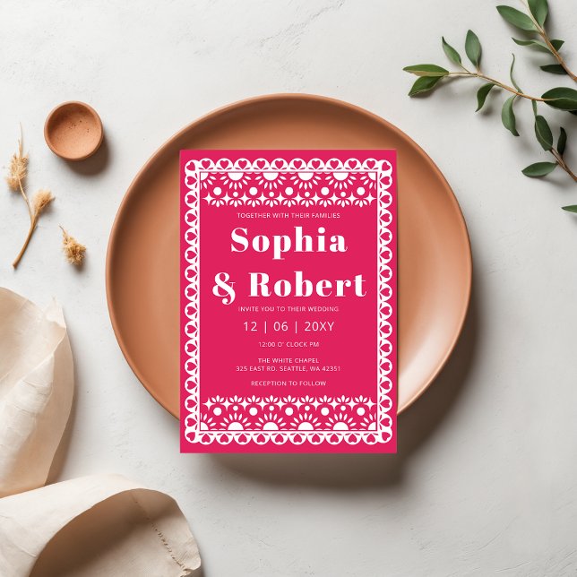 Mexican Fiesta Pink Papel Picado Boho Wedding Einladung (Mexican Fiesta Pink Papel Picado Boho Wedding Invitation)