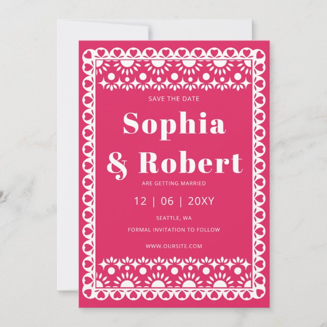 Mexican Fiesta Pink Papel Picado Boho Wedding Save The Date (Vorderseite)