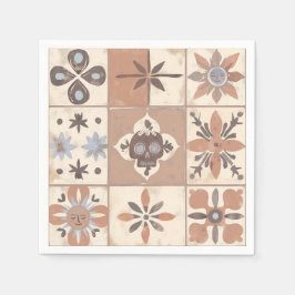 Mexican Fiesta Talavera Tile Neutral Skull Sun Serviette