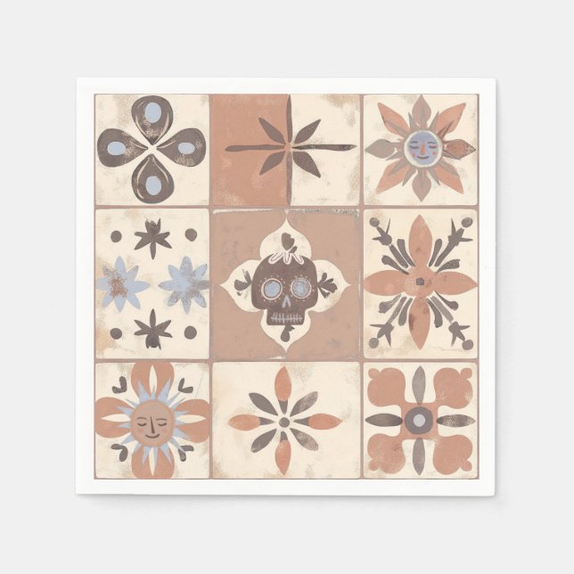 Mexican Fiesta Talavera Tile Neutral Skull Sun Serviette (Vorderseite)