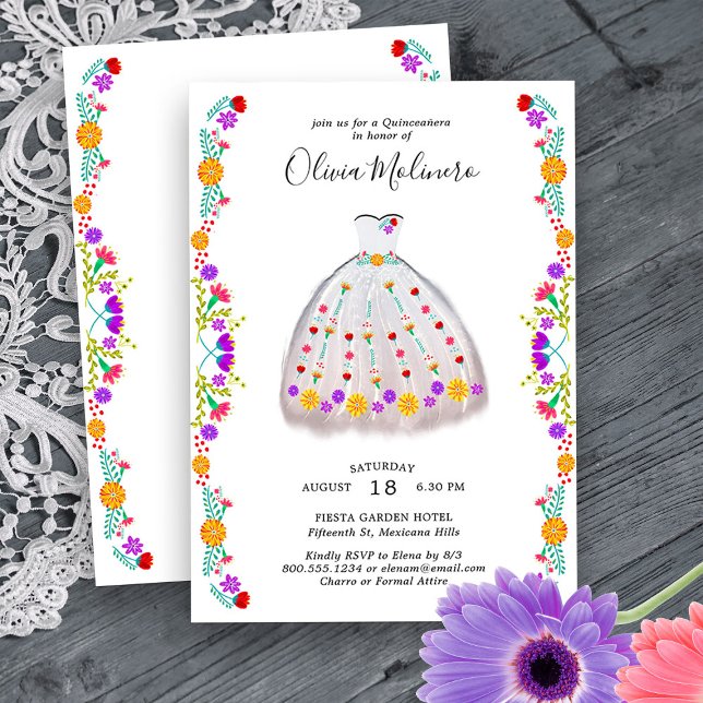 Mexican Fiesta White Floral Charro Quinceanera Einladung (Quinceanera Princess Dress Invitation from my Mexican Fiesta Flowers Quinceanera Collection)