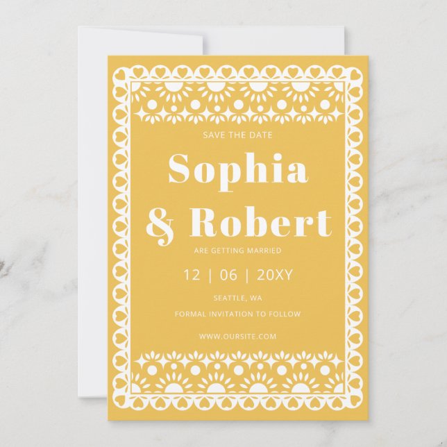 Mexican Fiesta Yellow Papel Picado Boho Wedding Save The Date (Vorderseite)