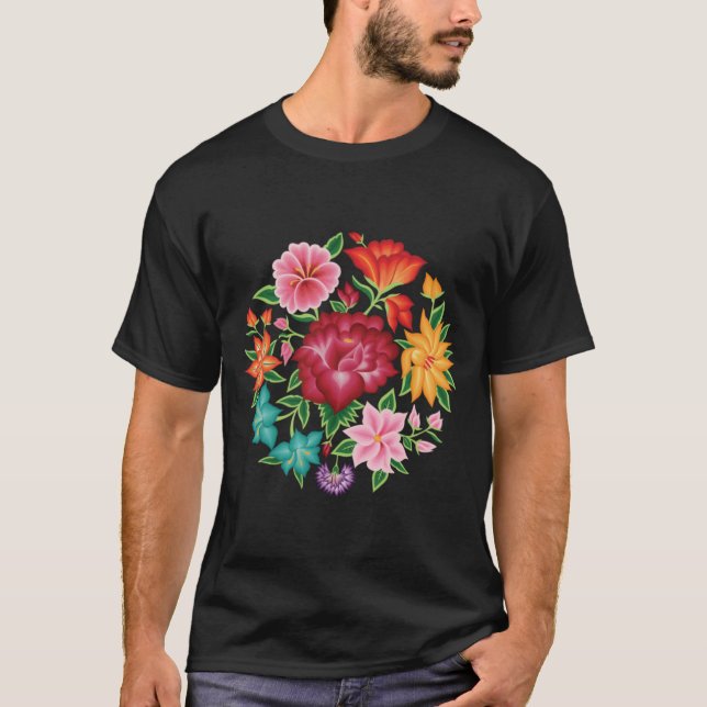 Mexican Floral Bouquet (Schwarzer Hintergrund) T-Shirt (Vorderseite)