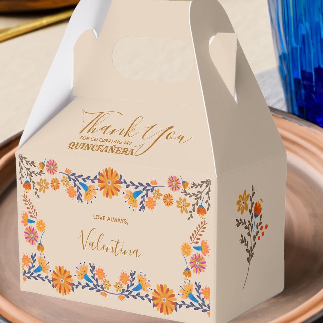 Mexican Floral Western Earth Tone Danke, Script Geschenkschachtel (Favor Boxes for Quinceanera or other occasion with western boho mexican floral design)