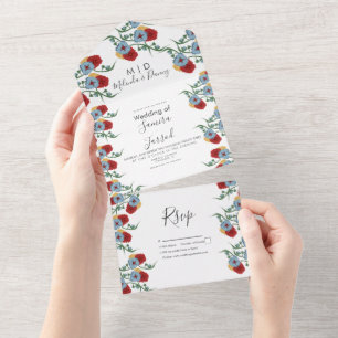 Mexican Florals Red Blue Botanicals Wedding All In One Einladung