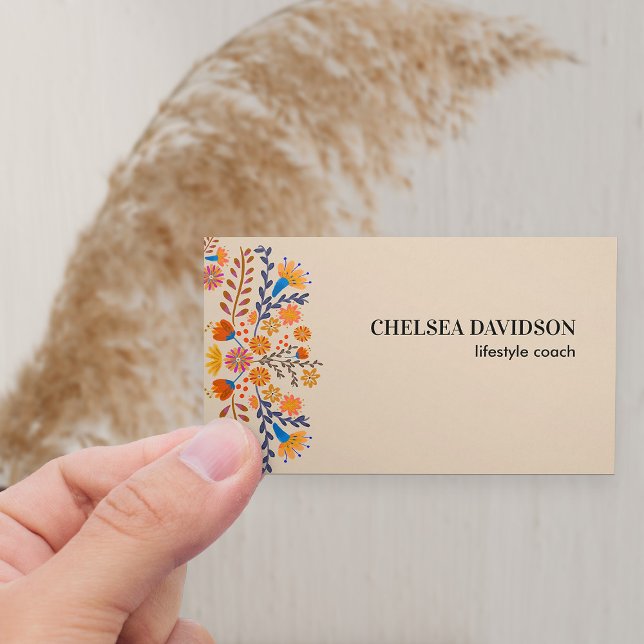 Mexican Folk Blume Earthy Tan Visitenkarte (Neutral boho floral business card in warm earthy tan with mexican folk flowers)
