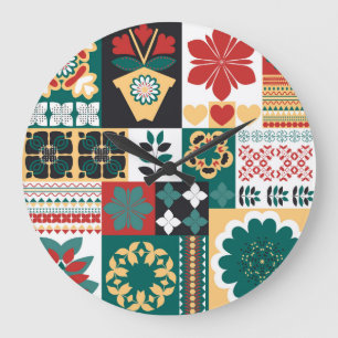 Mexican Geometric: Rot grünes Ornament. Große Wanduhr