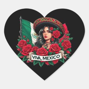 Mexican Girl Viva mexico Flag Art Illustration Herz-Aufkleber