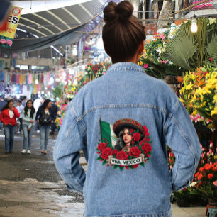 Mexican Girl Viva mexico Flag Art Illustration Jeansjacke