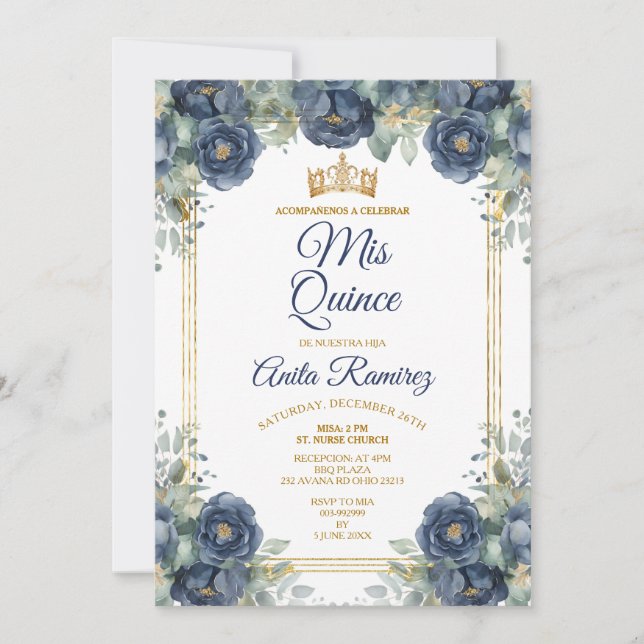 Mexican Gold & Navy Blue Rose 15 Anos MIS QUINCE Einladung (Vorderseite)