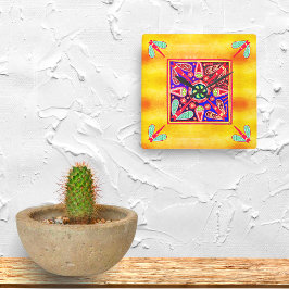 Mexican Huichol Golden & Lila Art Patterns Quadratische Wanduhr