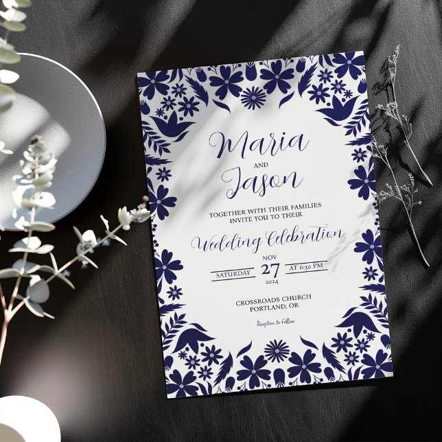 Mexican Navy Blue Floral Classic Aesthetic Wedding Einladung (Mexican Navy Blue Floral Classic Aesthetic Wedding Invitation)