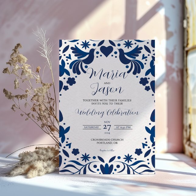 Mexican Otomi Blue Floral Elegante Fiesta Wedding Einladung (Mexican Otomi Blue Floral Elegant Fiesta Wedding Invitation)
