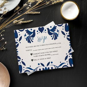 Mexican Otomi Blue Floral Elegante Fiesta Wedding RSVP Karte