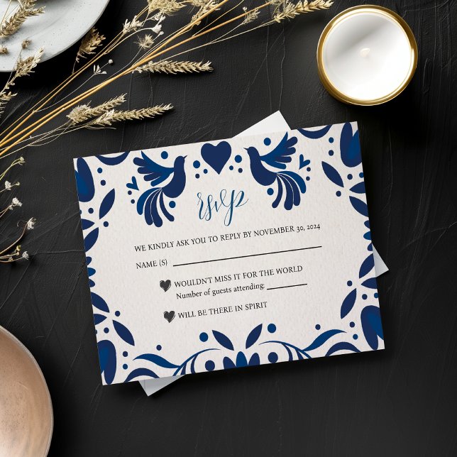 Mexican Otomi Blue Floral Elegante Fiesta Wedding RSVP Karte (Mexican Otomi Blue Floral Elegant Fiesta Wedding RSVP Card)
