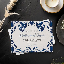 Mexican Otomi Blue Floral Elegante Fiesta Wedding Save The Date