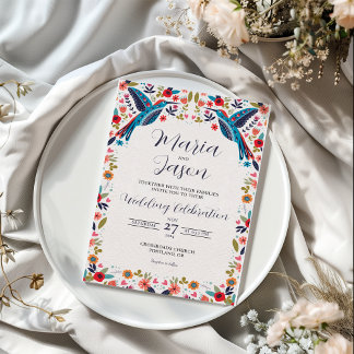 Mexican Otomi Tenangos Colorful Floral Wedding Einladung