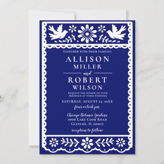 Mexican Papel Picado Navy Wedding Einladung (Vorderseite)