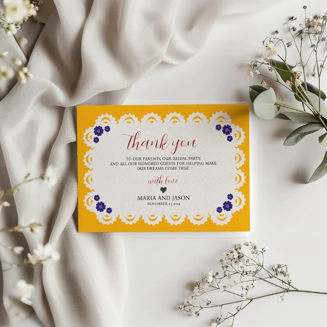 Mexican Papel Picado Yellow Nuestra Boda Wedding Dankeskarte (Mexican Papel Picado Yellow Nuestra Boda Wedding Thank You Card)