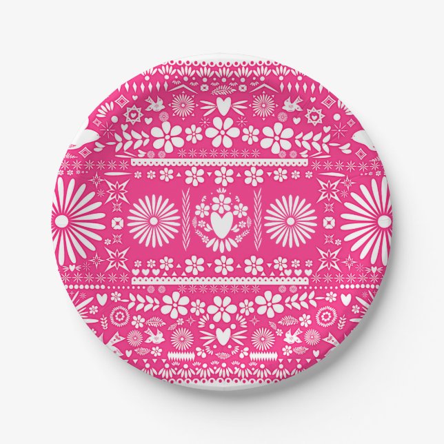 Mexican Picado Bright Hot Pink Wedding Pappteller (Vorderseite)