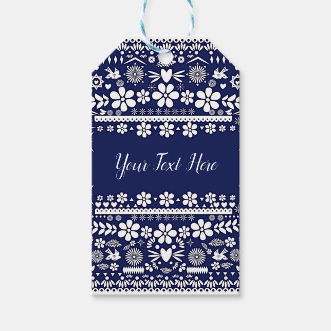 Mexican Picado Navy Blue Paper Wedriage Geschenkanhänger (Vorderseite)