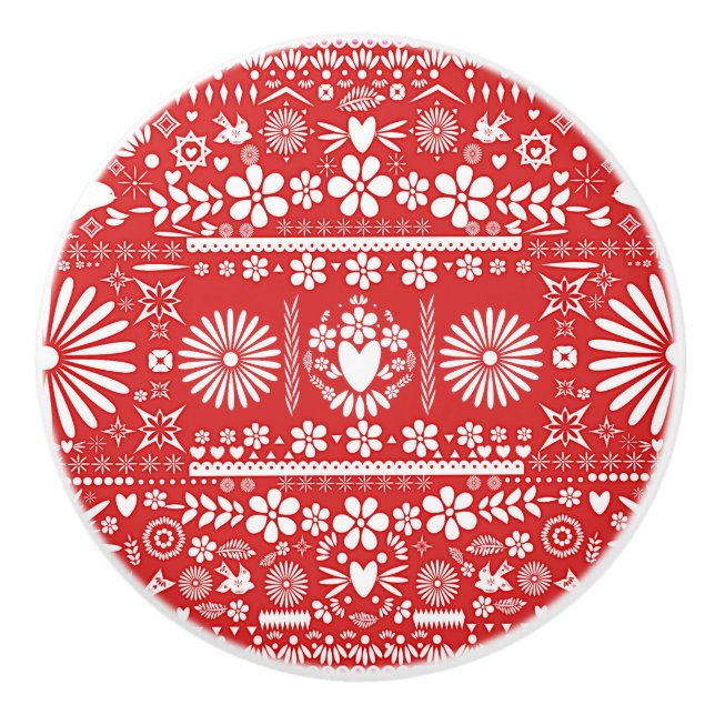 Mexican Picado Red & White Cut Papa Papier Spanisc Keramikknauf (Vorderseite)
