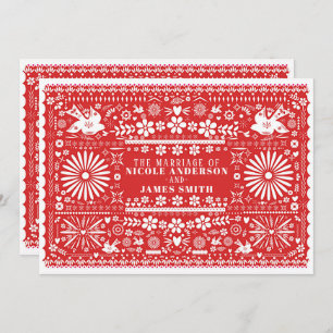 Mexican Picado Red & White Paper Wedriage Einladung