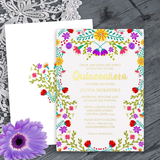 Mexican Quinceanera Fiesta Floral Real Gold Folieneinladung (Gold Foil Quinceanera Invitation from my Mexican Fiesta Flowers Quinceanera Collection)