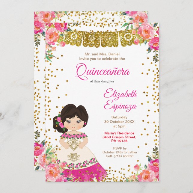 Mexican Quinceanera Mis Quince Einladung (Vorne/Hinten)