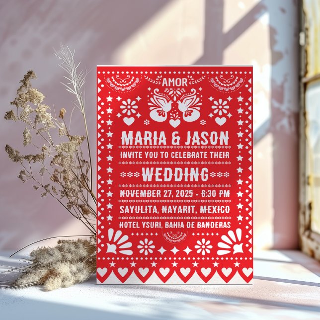 Mexican Red Papel Picado Fiesta Folk Art Wedding Einladung (Mexican Red Papel Picado Fiesta Folk Art Wedding Invitation)