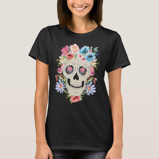 Mexican Skull with Flowers for the Day of the Dead T-Shirt (Vorderseite)