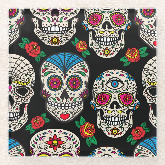 Mexican Skulls & Rose: Vintages Design Glasuntersetzer (Vorderseite)