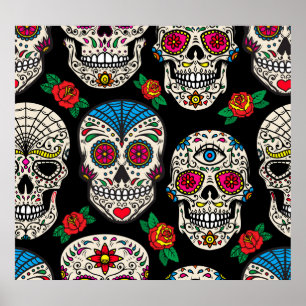 Mexican Skulls & Rose: Vintages Design Poster