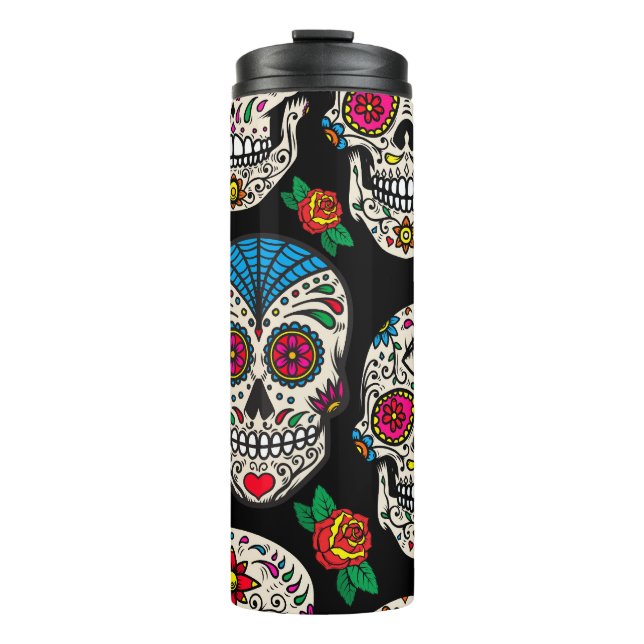 Mexican Skulls & Rose: Vintages Design Thermosbecher (Vorderseite)