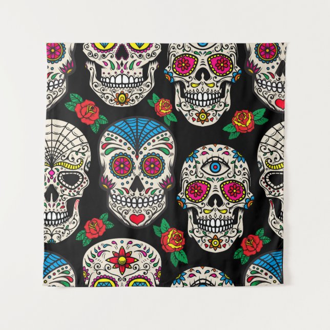 Mexican Skulls & Rose: Vintages Design Wandteppich (Vorderseite)