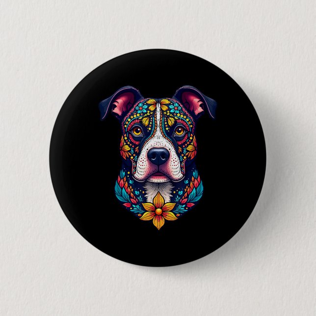 Mexican Sugar Skull Pitbull Dog Dia De Muertos Hal Button (Vorderseite)