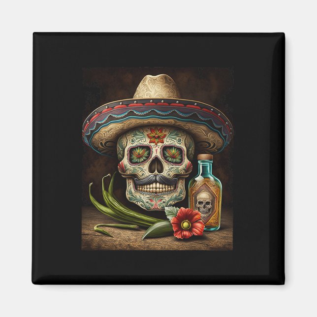 Mexican Sugar Skull Tequila Sombrero Cinco De Mayo Magnet (Vorne)