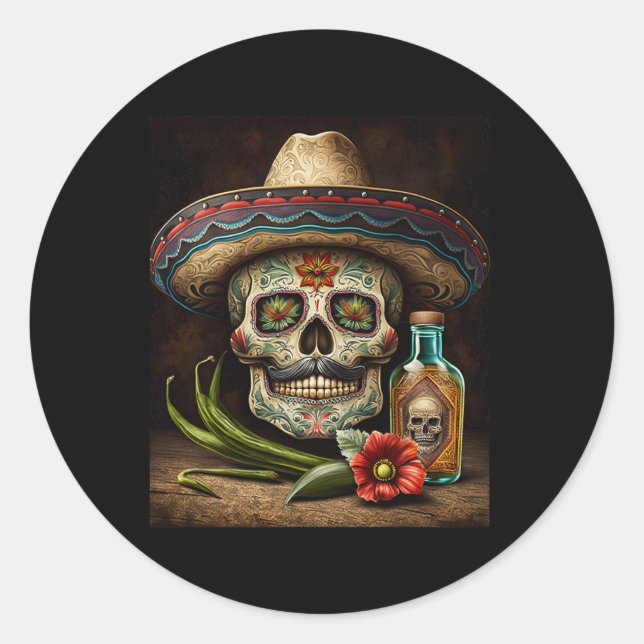 Mexican Sugar Skull Tequila Sombrero Cinco De Mayo Runder Aufkleber (Vorderseite)