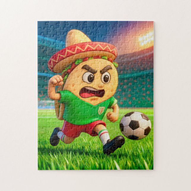 Mexican taco soccer player running across stadium puzzle (Vertikal)
