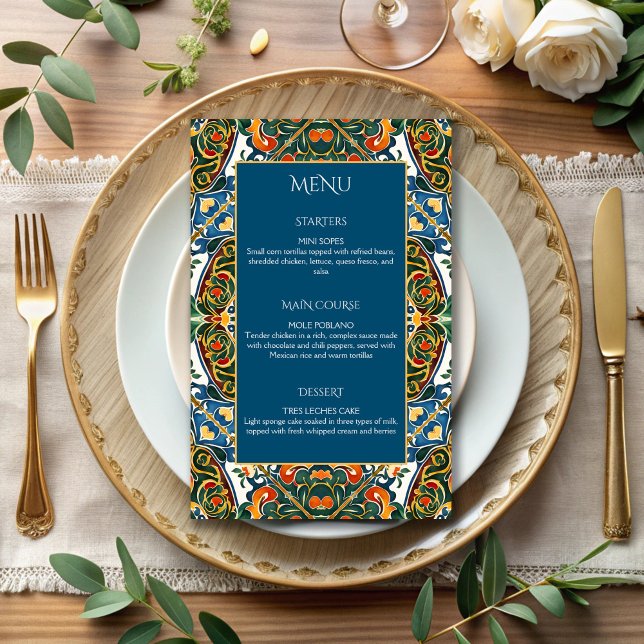 Mexican Talavera aquamarines Hochzeitsmenü (Mexican Talavera wedding teal  blue elegant wedding menu cards personalized table decor)