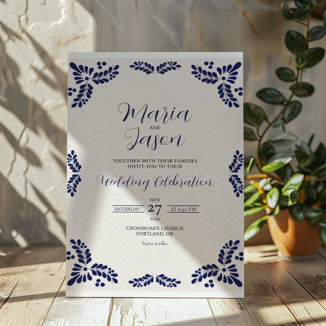 Mexican Talavera Blue Floral Minimalistisch Weddin Einladung (Mexican Talavera Blue Floral Minimalist Wedding Invitation)